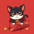 canvas print picture - flat logo of chibi cat isolated on a red lucky envelope background