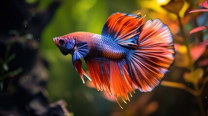 Wall Mural - A stunning red Betta fish displays a vibrant and colorful tail against a natural background