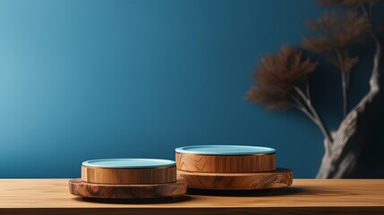 The Indigo background with a wooden podium. On top of the wooden podium, two small podiums add a minimal touch to the product display