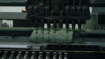 Poster - Automatic pick and lace machine is installing components on circuit board. Creative. Electronic devices production industry.