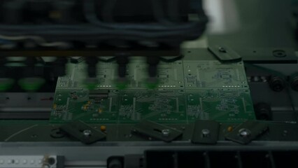 Poster - Electronic circuit board with processor, chips and capacitors. Creative. Tech science, computer chip, quality control background.