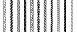 Repeating rope set. Seamless hemp cord line collection. Black chain, braid, plait stripe bundle. Vertical decorative plait pattern. Vector marine twine design elements for banner, poster, frame, decor