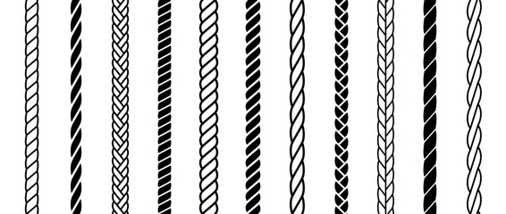 Repeating rope set. Seamless hemp cord line collection. Black chain, braid, plait stripe bundle. Vertical decorative plait pattern. Vector marine twine design elements for banner, poster, frame, decor