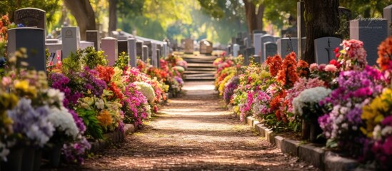 Wall Mural - colorful flowers adorn the well-kept cemetery with rows of gravestones.
