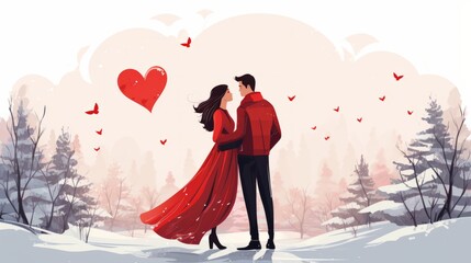 Wall Mural - Illustration-Christmas tree before the couple. valentine love woman and man winter png like style