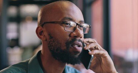 Aufkleber - Face, phone call and business black man in office for communication, networking or negotiation. Contact, consulting or feedback with serious young employee in glasses talking on mobile at workplace