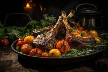 Grilled lamb chops on a plate, close-up of grilled lamb chops on the table, supermarket promotion advertising, kebab shop advertising, restaurant menu