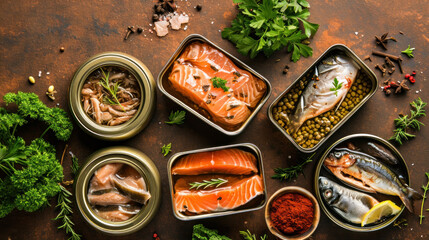 Wall Mural - Different open tin cans with canned fish among spices and herbs on a brown background, canned salmon and mackerel, sprat and sardine, tuna and herring and fish pate, top view.