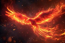 Flying Red Burning Bird Phoenix With Wire Wings. Ai Generative