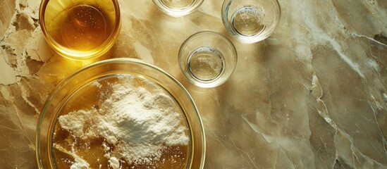 Wall Mural - chemical ingredients for cosmetics and toiletries product, viewed from above: sulfur, liquid poly al