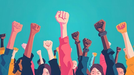 Multi ethnic people raising their fists up in the air, Generative Ai illustration