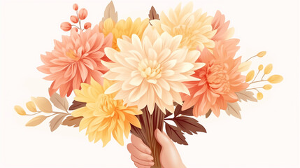 Wall Mural - Female hand holds beautiful bouquet of dahlias and chrysanthemums.