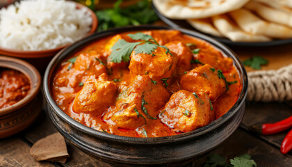 Wall Mural - An aromatic bowl of chicken tikka masala served with rice on the side, AI generated,