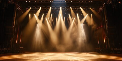 Poster - Empty concert stage with illuminated spotlights and smoke