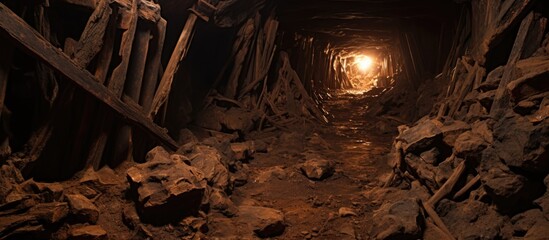 Wall Mural - collapsed wooden timbering in underground tunnel of old gold mine.