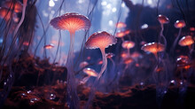 Magical Mashrooms In The Forest. Generative Ai