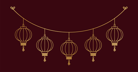 Wall Mural - Gold Chinese Lantern Hanging Garland Outline Line Art, Lunar New Year and Mid-Autumn Festival Decoration Graphic