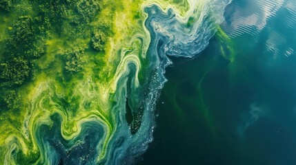 Wall Mural - Aerial view of a massive bloom of algae in a lake, fluid, organic pattern with vibrant greens and blues