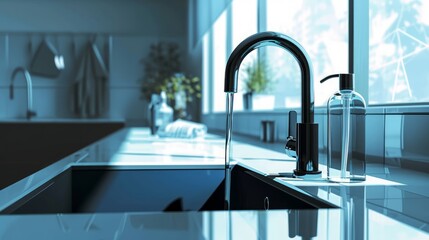 Aufkleber - Detailed view of a voice-activated smart faucet, motion sensor, adjustable water flow, high-tech elements, clean and modern illustration --ar 16:9 --v 6 Job ID: 3c3225e8-1f53-4673-a0df-ae37e3e3b351 Ge