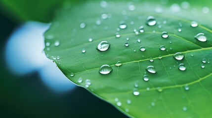 Sticker - leaf with raindrops ,Dew drops on green leaf