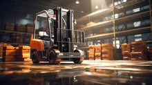A Modern Forklift For Working In A Warehouse, Loading, Unloading And Transporting Goods. Logistics Warehouse.
