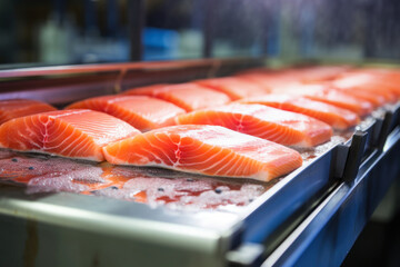 Wall Mural - A production line of fresh salmon fillets at a fish processing factory. Close-up.