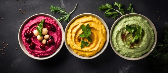 Wall Mural - Top view of bowls with hummus made from chickpeas, spinach, and beets, arranged flat.