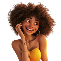 Wall Mural - 3d cartoon Beauty portrait of african american woman with clean healthy skin, Smiling dreamy beautiful afro hairstyle girl. Curly black hair, isolated on white and transparent background