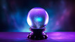 A crystal ball glowing with an inner light set against a mystic background