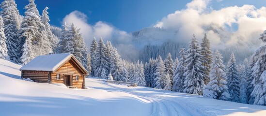 Wall Mural - Wooden hut in a snowy paradise.