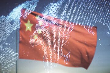 Poster - Multi exposure of abstract graphic world map on Chinese flag and sunset sky background, big data and networking concept