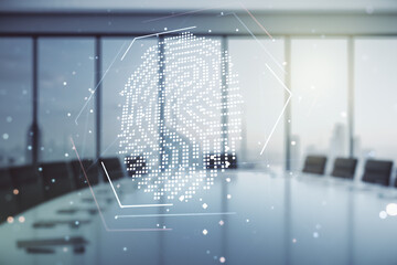 Aufkleber - Multi exposure of virtual abstract fingerprint illustration on a modern conference room background, digital access concept