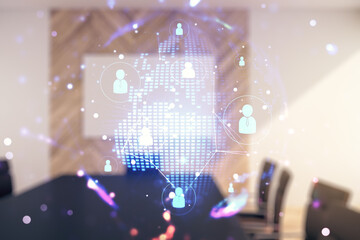 Aufkleber - Virtual social network media hologram and world map on a modern coworking room background. Double exposure
