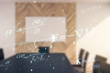 Poster - Abstract scientific formula hologram on a modern conference room background. Multiexposure
