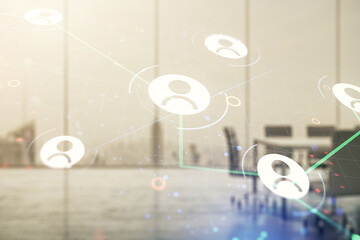 Poster - Abstract virtual social network hologram on a modern coworking room background. Double exposure