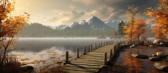 Wall Mural - Autumn landscape featuring a see-through lake and wooden pier.