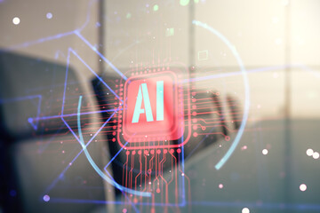 Poster - Double exposure of creative artificial Intelligence abbreviation hologram on a modern boardroom background. Future technology and AI concept