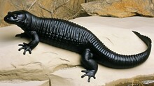 An Extremely Detailed And Lifelike Salamander, A Large Black Lizard, Is Seen Sitting On Top Of A Rock.