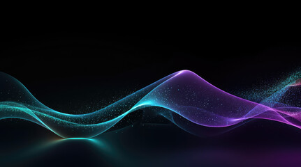 Wall Mural - Flowing dot particles wave line pattern blue and purple gradient light isolated on dark black background. Concept of AI technology, science, soundwave, big data , website template, and landing page.