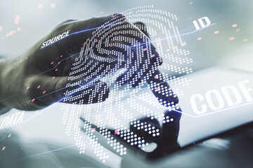 Aufkleber - Multi exposure of abstract graphic fingerprint sketch and hand working with a digital tablet on background, fingerprint scan data concept