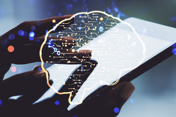 Poster - Creative artificial Intelligence concept with human brain sketch and finger presses on a digital tablet on background. Double exposure