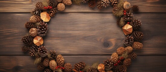 Sticker - Top view of a spruce Christmas wreath with dried fruit and fir cones on the floor.