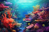 Fototapeta Do akwarium - A stunning artwork depicting a vibrant underwater scene filled with colorful corals and a variety of fish, A vibrant underwater seascape teeming with colorful coral reef, AI Generated