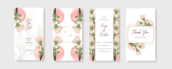 Pink chrysanthemum modern wedding invitation template with floral and flower. Wedding invitation template in portrait or story orientation for social media poster