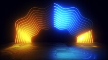 3D Animation, Glowing Neon Blue Orange Lines Abstract Motion Background. Seamless Looping. 4K Footage