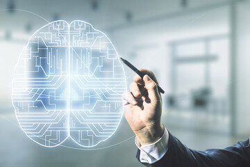 Poster - Double exposure of man hand with pen working with creative human brain microcircuit hologram on blurred office background. Future technology and AI concept