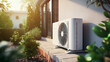 Air condition outside the modern living room house, Air compressor external split wall type of outdoor home air conditioner unit installed on outside building. Concepts of cool or heat or hot and air 