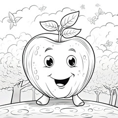 Wall Mural - Kids coloring page with a friendly apple character