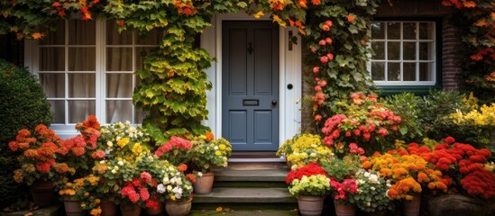 Wall Mural - House front door with ivy and chrysanthemums.