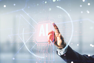 Poster - Double exposure of businessman hand working with creative artificial Intelligence abbreviation hologram on blurred office background. Future technology and AI concept